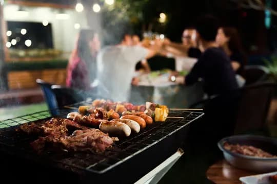 Skewers cooking on an outdoor barbecue grill