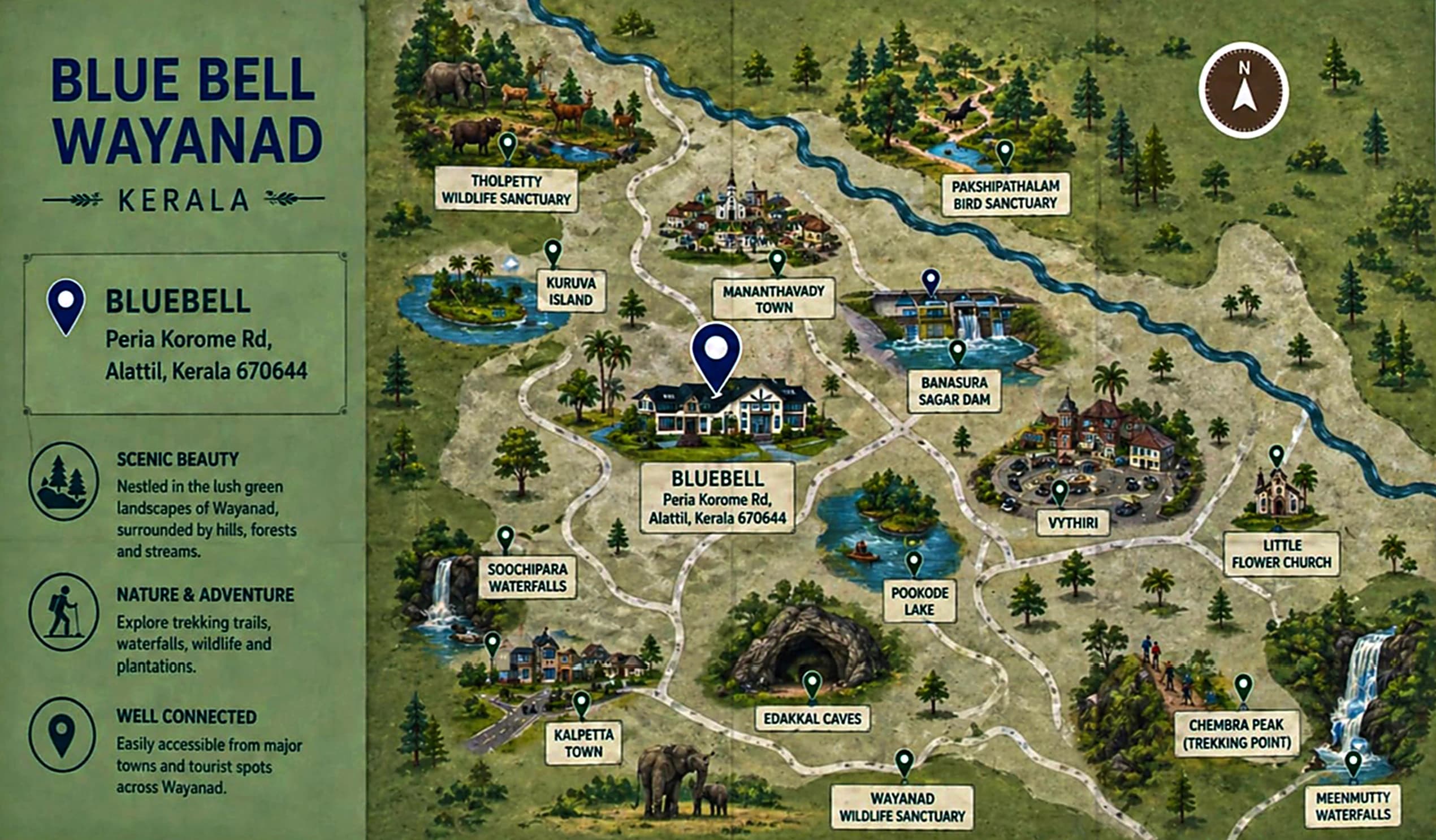 Illustrated map of Wayanad showing Blue Bell's location and nearby attractions
